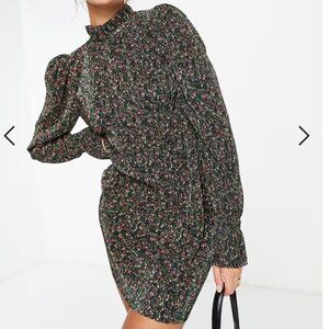 Asos - Plisse Frill Neck Mini Dress in Dark Green Floral